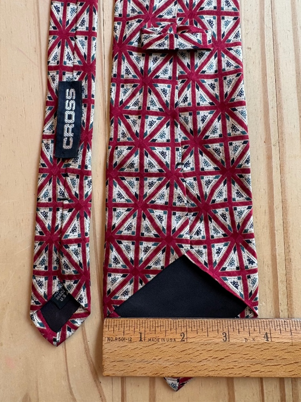 Vintage CROSS Geometric Mosaic Silk Necktie Red Teal Blue